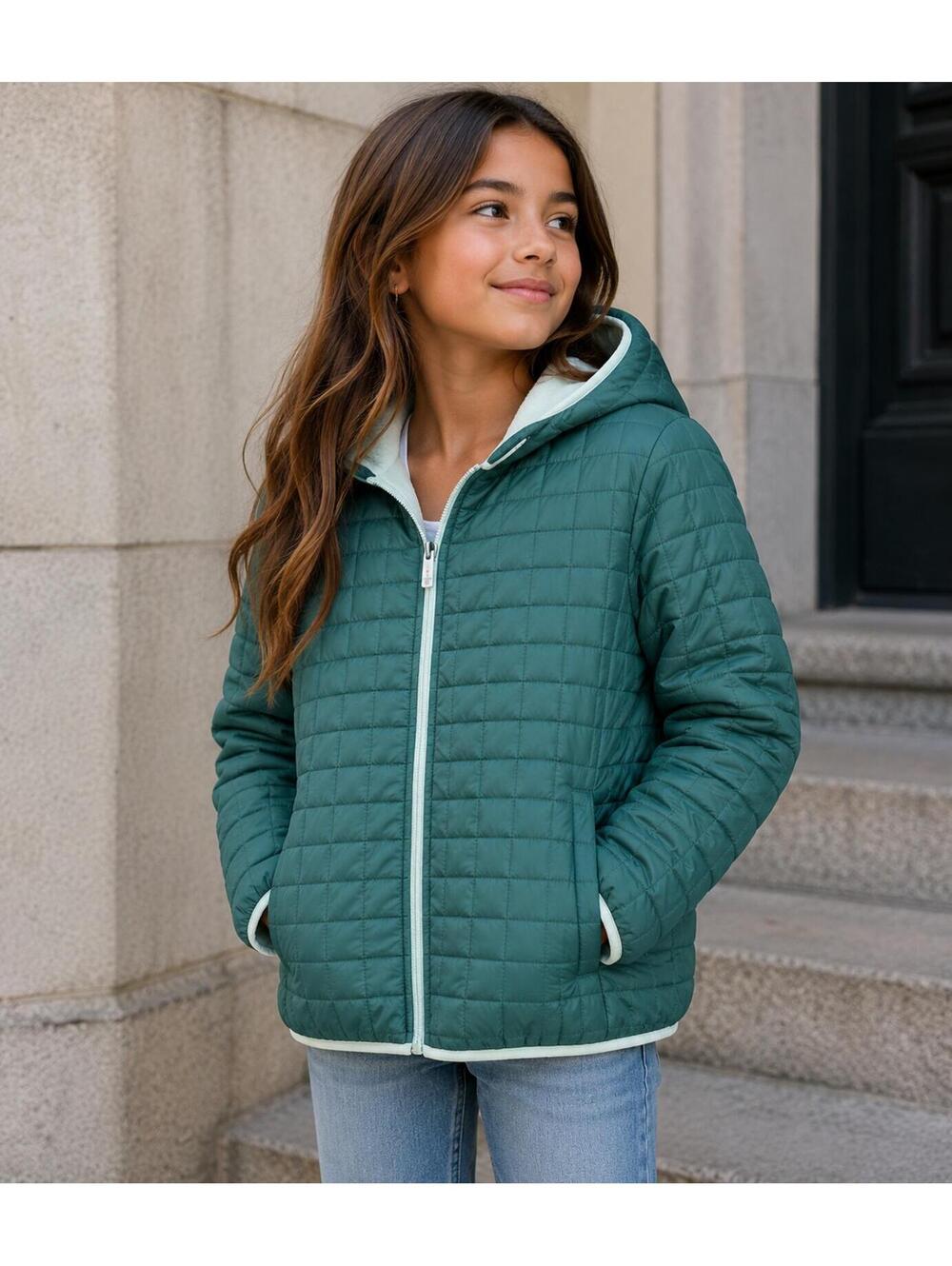 Cat & Jack Girls Quilted Hooded Puffer Jacket Green XL Fleece Lined‎